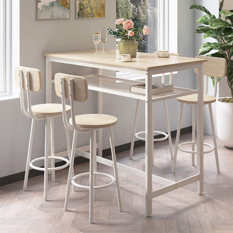5-Piece Industrial Dining Table Set with Metal Shelf, 4 Bar Stools