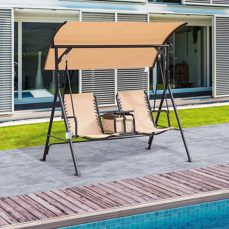 2-Seater Porch Swing with Pivot Table, Cup Holder, Adjustable Canopy