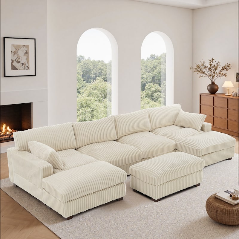 Oversied Plush Corduroy Fabric Modular Sectional Sofa with Chaise, Ottoman