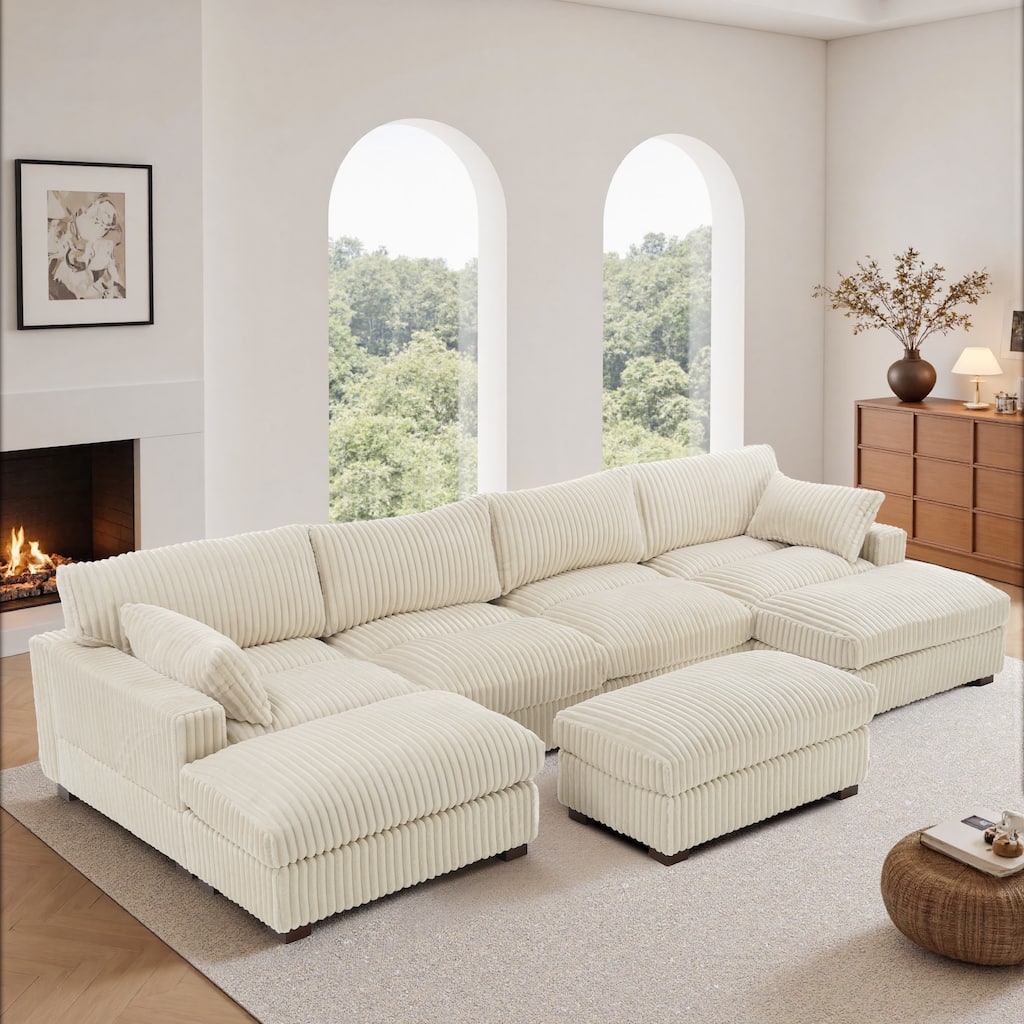 Oversied Plush Corduroy Fabric Modular Sectional Sofa with Chaise, Ottoman