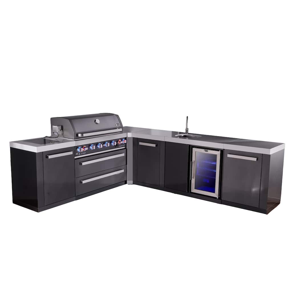 Mont Alpi 94" x 113" L-shaped Black Stainless Steel Outdoor Kitchen Island + Refrigerator + Faucet + Sink + 44"W 6-Burner Grill