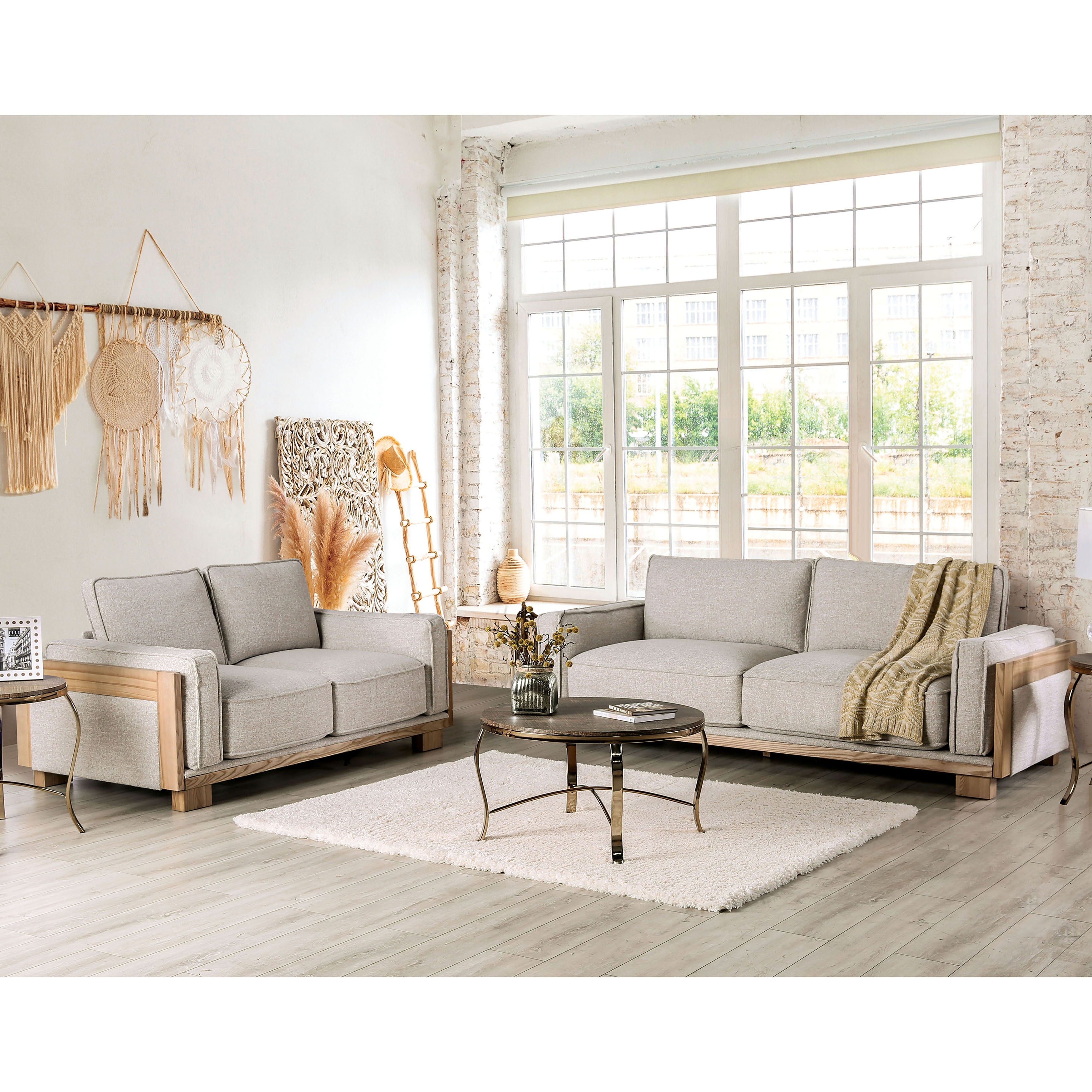 Lefa Contemporary Light Brown and Natural Fabric Loose Pillow Back 2-Piece  Sofa Set by Furniture of America