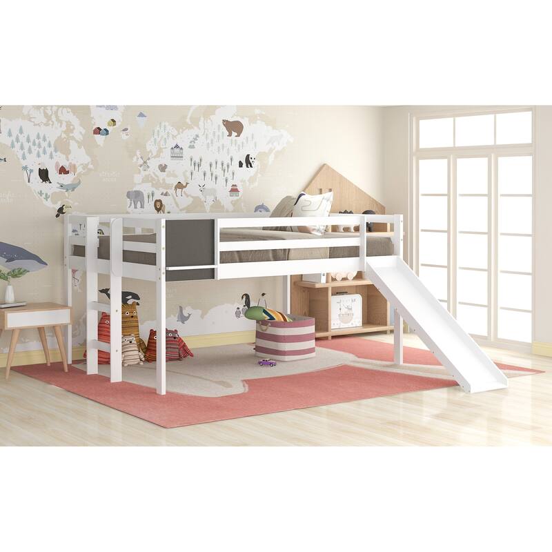 Loft Bed Wood Bed with Slide, Stair and Chalkboard