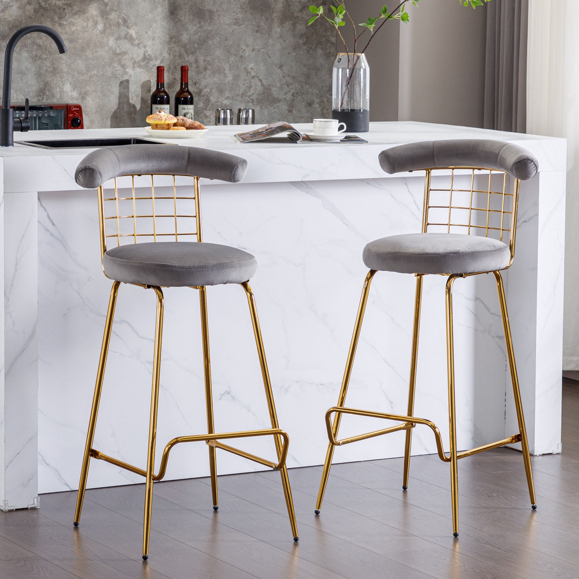 Bar Stool Set of 2, Contemporary Velvet Upholstered Counter Bar