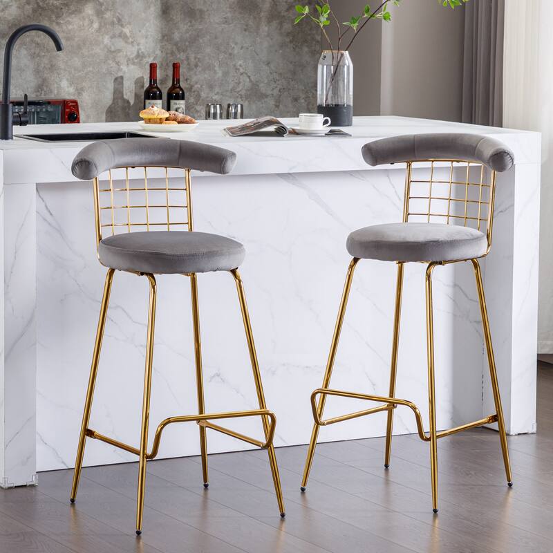 Upholstered Bar Stools Set of 2 Luxury Velvet High Bar Stool W/ Metal Legs Soft Back Armless