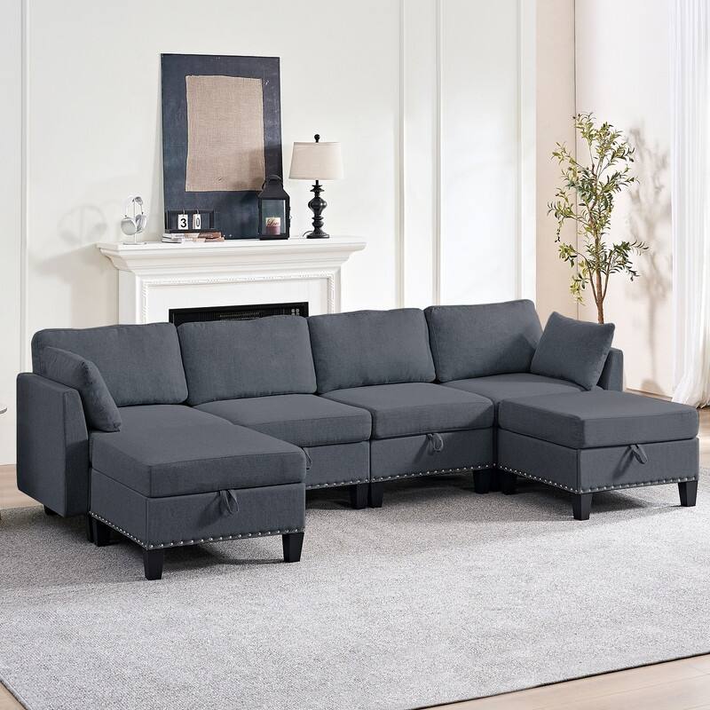 Mixoy Rivet Design Flexible Combination Reversible 4-Seater Modular Sofa with Storage Ottomans,Linen Convertible Sleeper Sofa