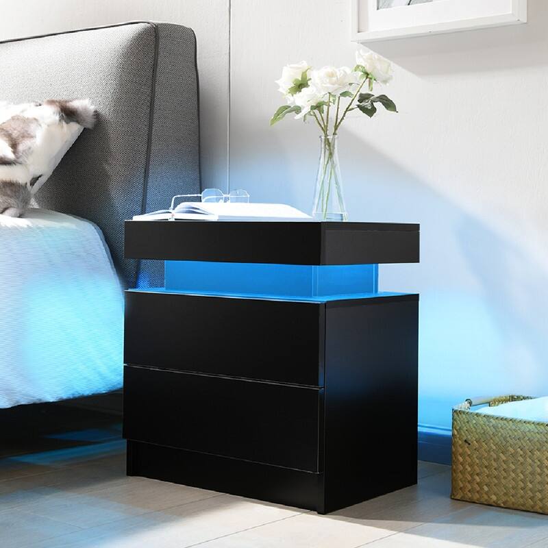 Nightstand LED Bedside Table Cabinet Lights Modern End Side with 2 Drawers for Bedroom - Black