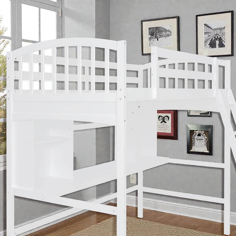 Twin Loft Bed with Desk and Storage Shelves, Solid Wood Loft Bed Frame with Ladder, Space Saving Design