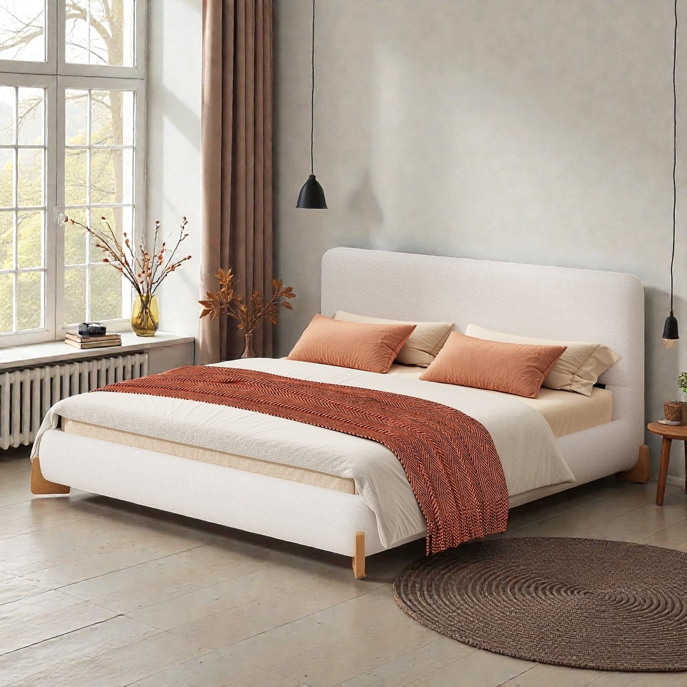 Boucle Upholstered Bed Frame, Soft White Fabric Platform Bed with Solid Wood Legs