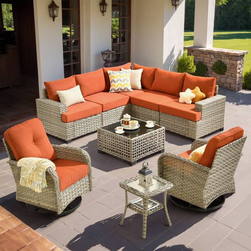OVIOS 9 Pieces Swivel Chair Set Wide Arm T shaped Seat With Solar-Powered Coffee Table - Red/Orange
