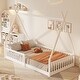 preview thumbnail 12 of 20, Twin Size Floor Bed, Platform Bed Frame with Fence and Roof, Solid Wood Playhouse Bedframe w/Open Door, No Box Spring Needed White