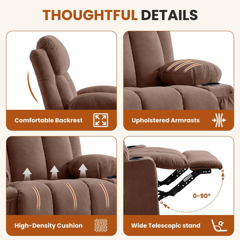 Swivel Rocker Recliner with Vibration Massage Heat USB Port Cup Holders