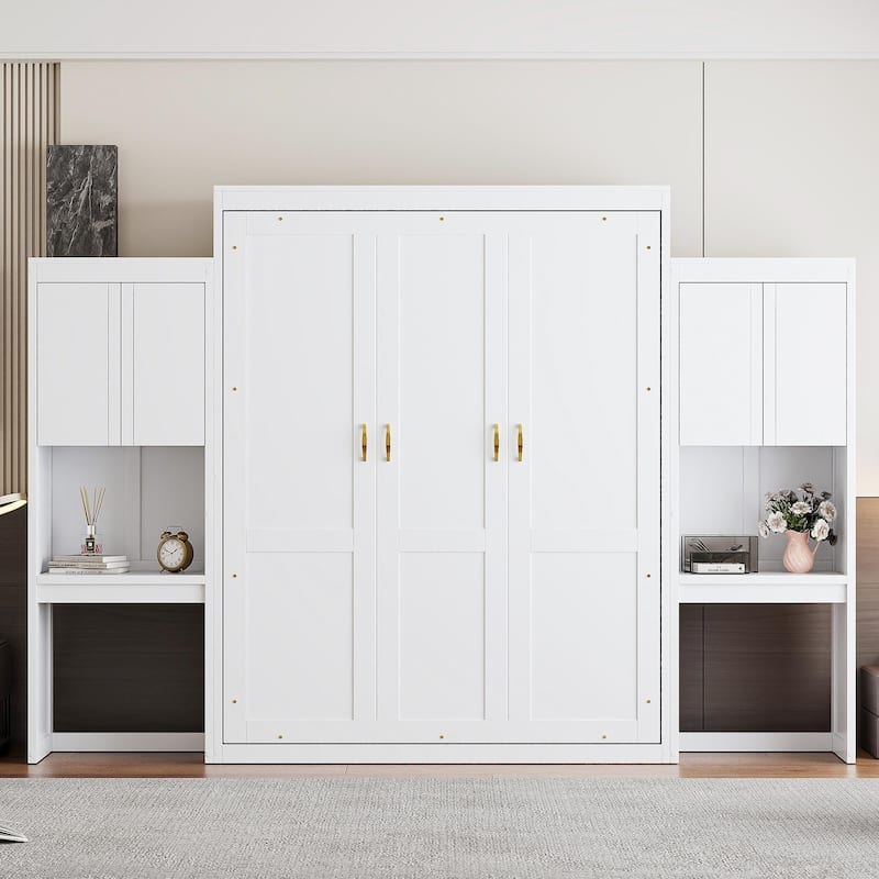 Queen Murphy Bed - Foldable Desk & Vanity, Wall Bed with Storage - White