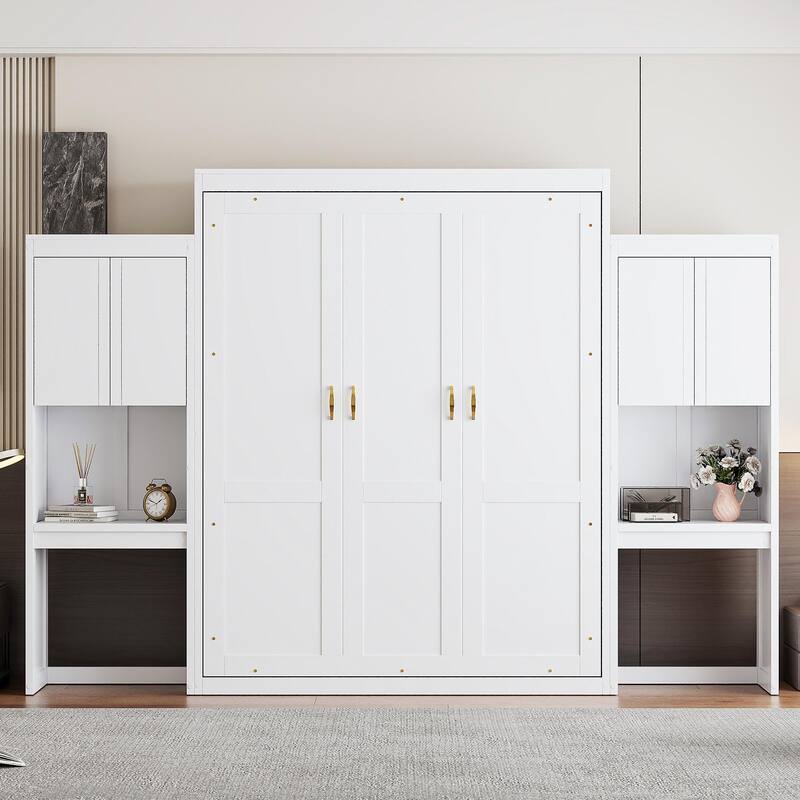 Roomfitters Queen Murphy Bed with Folding Desk, Vanity Table and Built-in Storage Cabinets - White