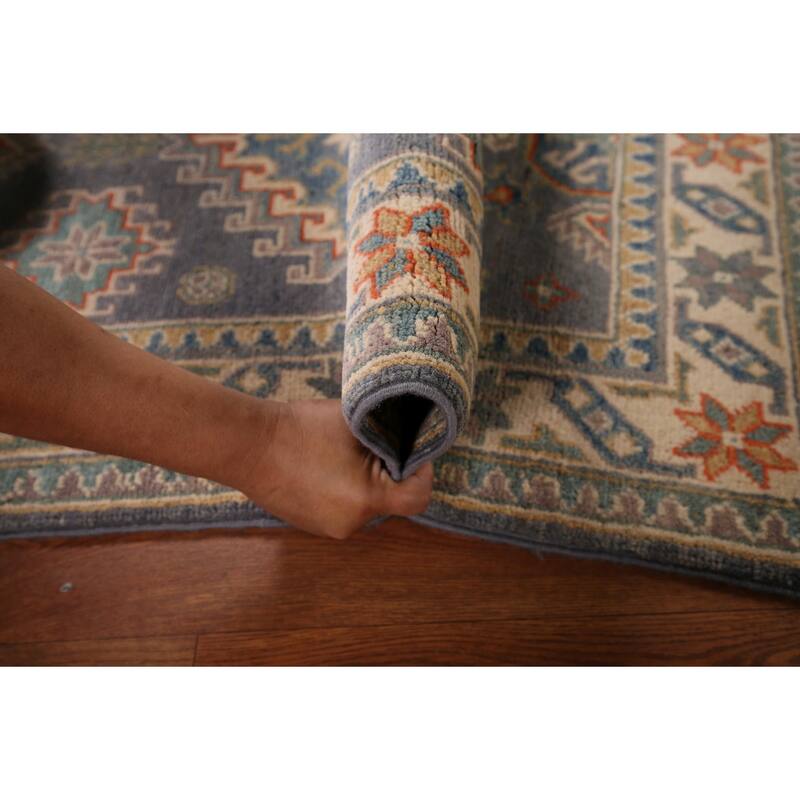 Gray Geometric Kazak Accent Rug Hand-Knotted Foyer Wool Carpet - 2'8" x 4'1"