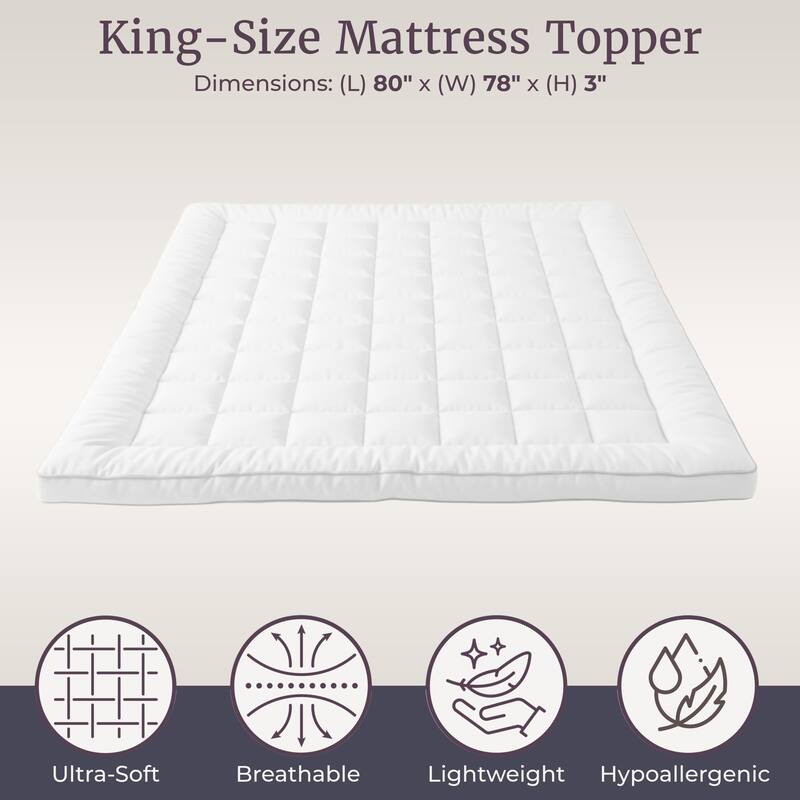 Down Alternative Mattress Topper - 3” Gusset Hypoallergenic Fiber Filled Pillow top Pad by Windsor Home - White