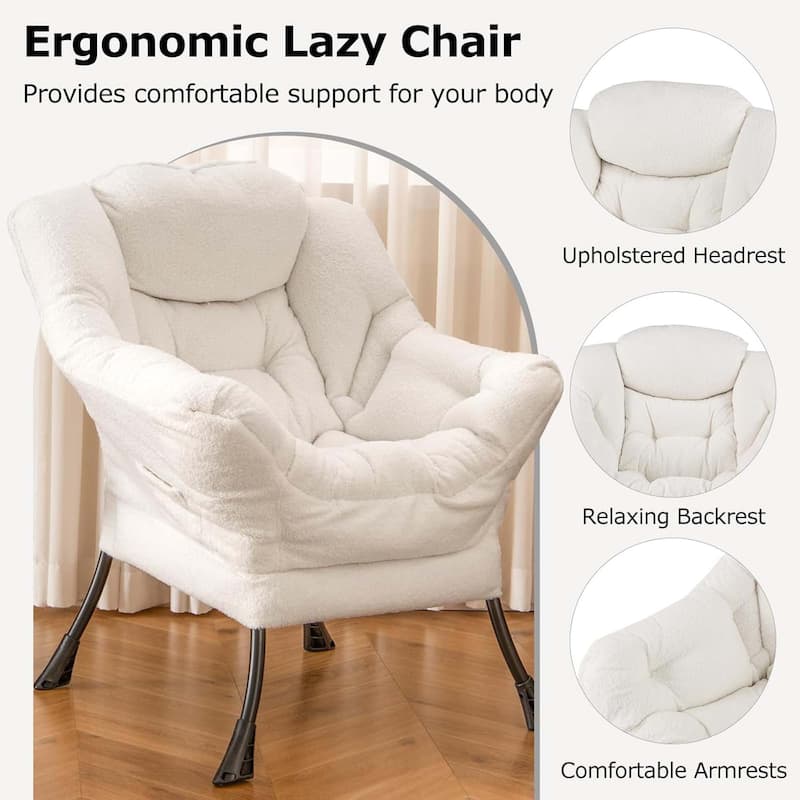 Modern Lazy Chair Comfy Single Sofa Sherpa Chair w/ Head Pillow