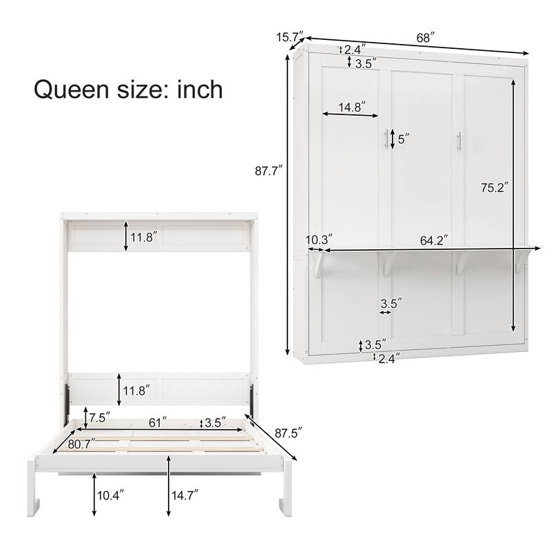 Queen Size Murphy Bed, 68-inch Cabinet Bed Folding Wall Bed with Desk Combo Perfect for Guest Room,Study, Office,White