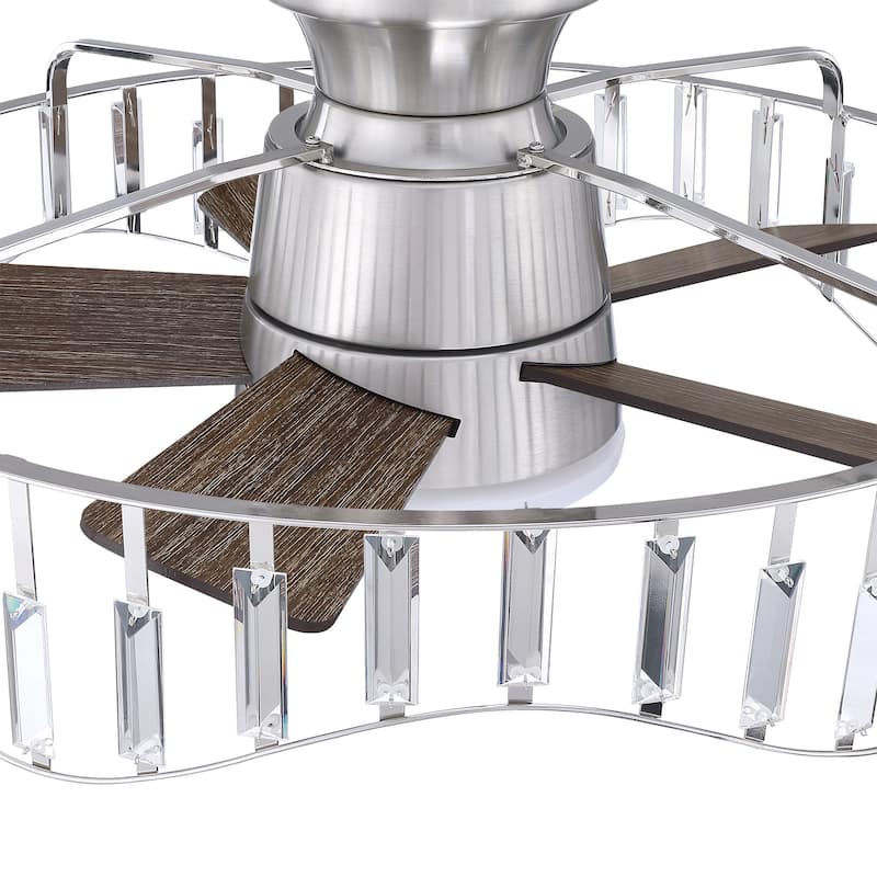 27" Modern Flush Mount Ceiling Fan Caged Crystal Fandelier Low Profile Ceiling Fan in Brushed Nicke