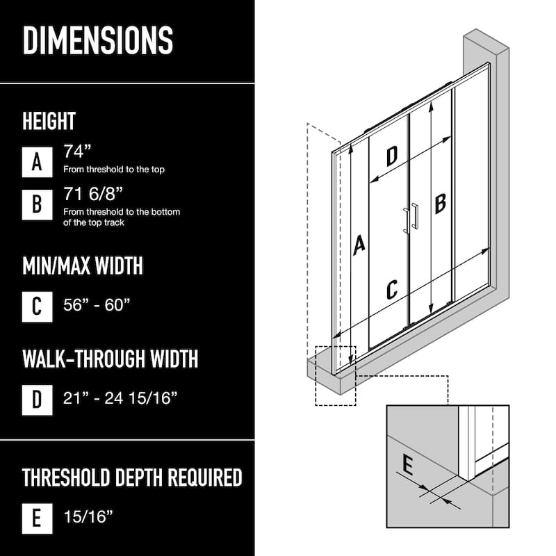 VIGO Paloma 56 to 60 in. W x 74 in. H Semi-Frameless Double-Sliding Shower Door with Clear Tempered Glass
