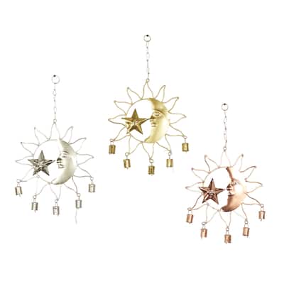 Metal Sun and Moon Indoor Outdoor Windchime with Bells and Chain Ring Hanger - Set of 3 Multi Colored - Roche River Decor
