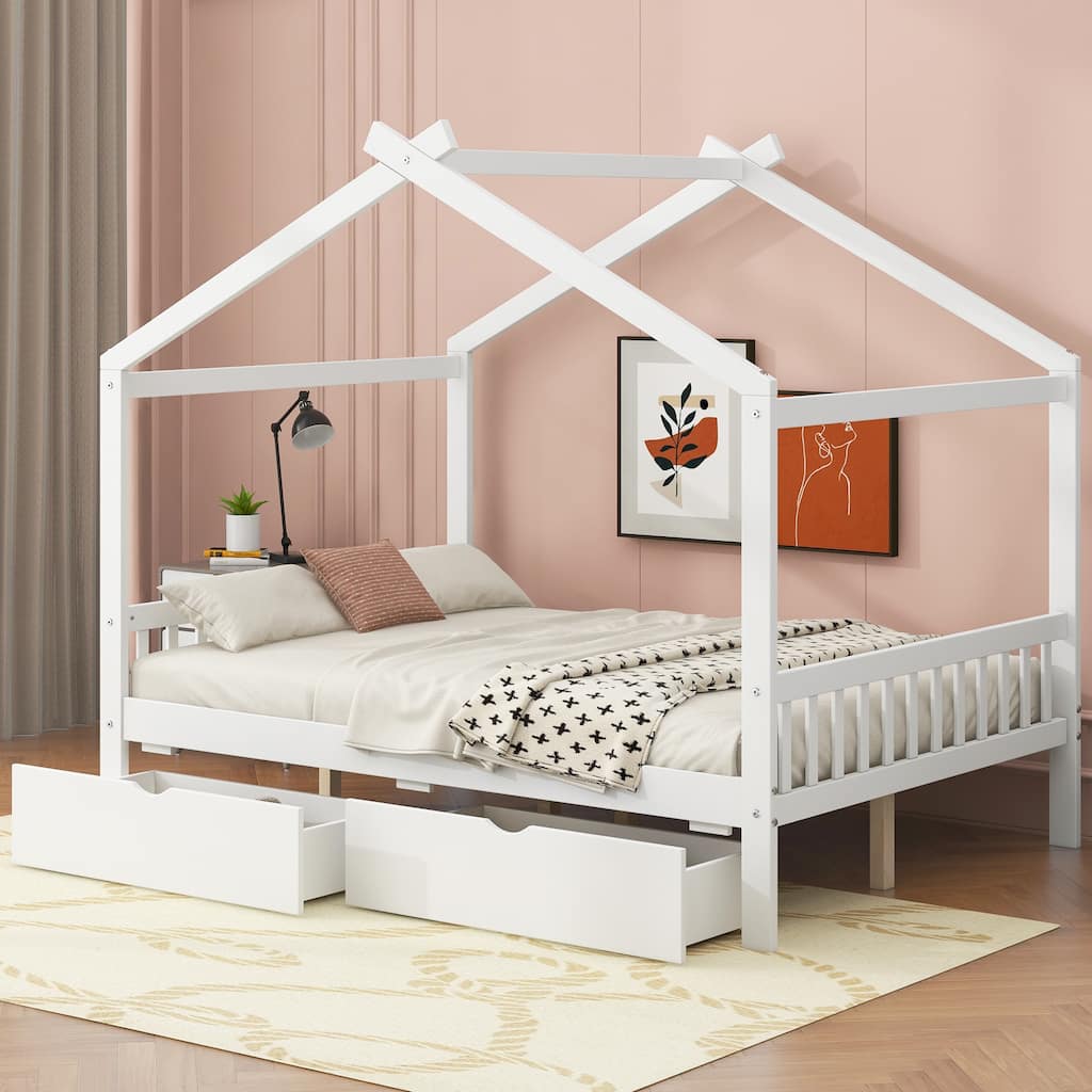 Full Size House Platform Bed with Drawers, Headboard, Footboard, and Roof Design in White