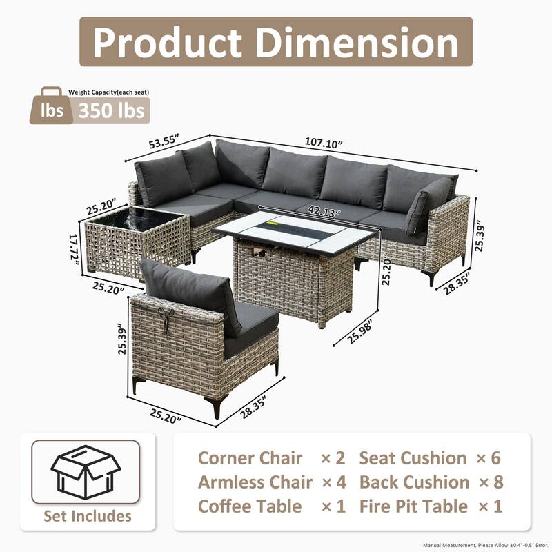 XIZZI 8-Piece Outdoor Wicker Furniture Sectional Set with Firepit