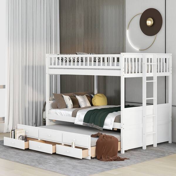 slide 2 of 9, Modern Style Full Over Full Size Wooden Bunk Bed with Twin Trundle Lower Bunk and 3 Drawers, Easy Assembly White