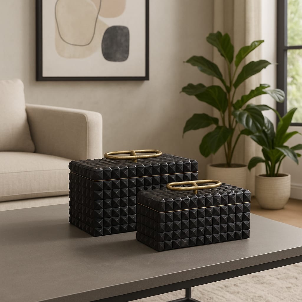 Decorative Box with Lid and Metal Handle - Set of 2, 14", 11", Gray - 14.0"