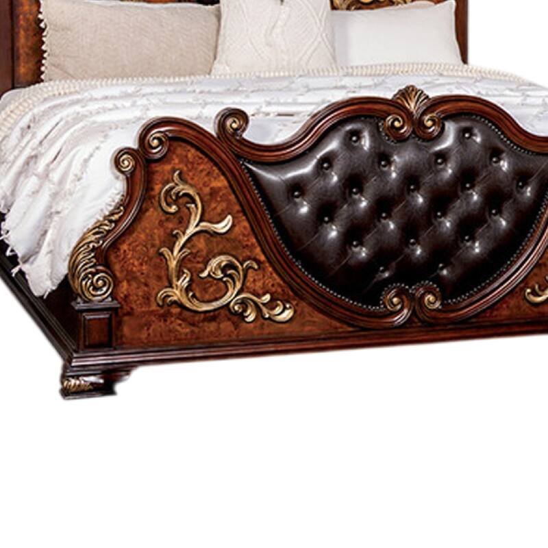 Iliana Queen Bed, Dark Cherry Brown, Black Faux Leather, Gold Carvings