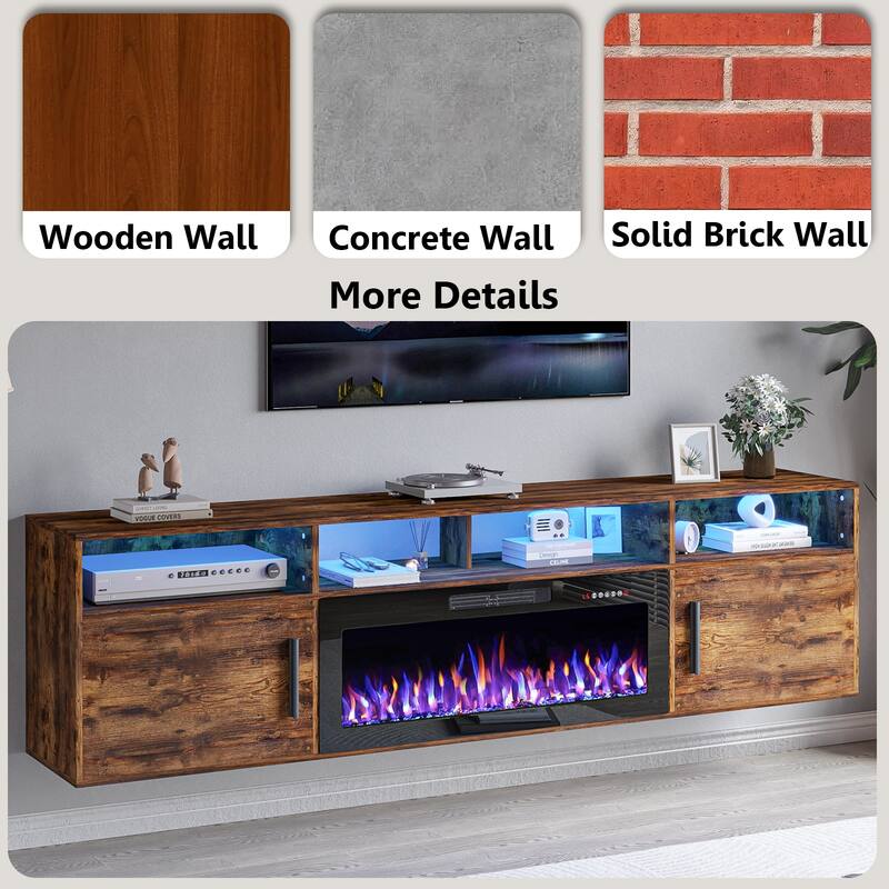 BOSSIN 80" Floating TV Stand with 36" Electric Fireplace, High Gloss Finish Wall Mounted Fireplace TV Stand with Storage