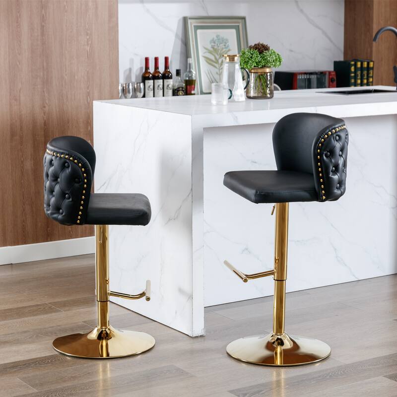 Set of 2 Adjusatble Swivel Bar Stools with PU Leather Tufted Back