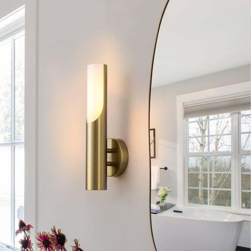 Modern 1-Light Brass Wall Sconce with Opal Glass Shade - 4.7" W x 4.3" D x 15" H