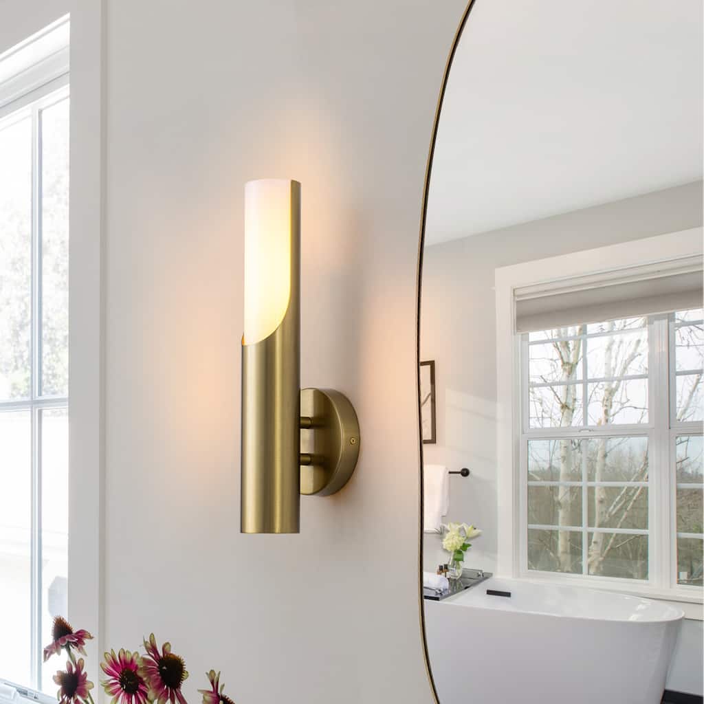 Modern 1-Light Brass Wall Sconce with Opal Glass Shade - 4.7" W x 4.3" D x 15" H