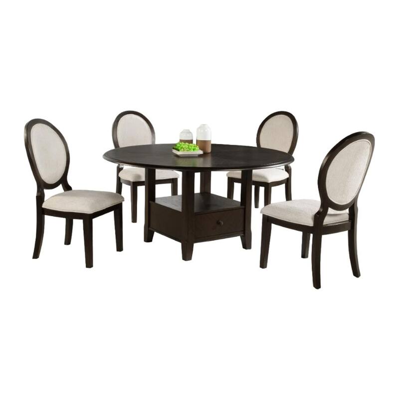 Tipa 5pc Dining Table Set, Dark Brown Round Wood Top, Storage Base