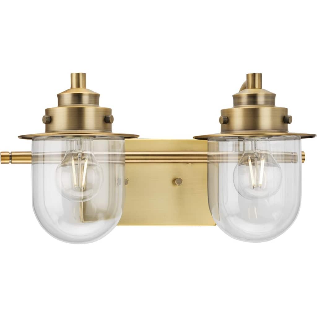 Northlake Collection Two-Light Vintage Brass Clear Glass Transitional Bath Light - 15.5 in x 7.5 in x 8 in