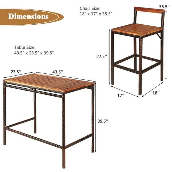 Shop Costway 3 Pcs Patio Rattan Wicker Bar Wood Table Chair Outdoor See Description Overstock 31784584