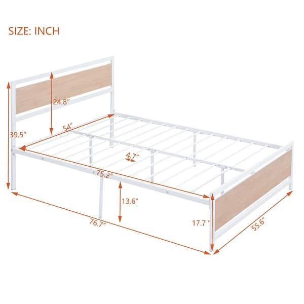 White Full Size Bed Frame Metal Platform with Wood Headboard Footboard, Heavy Duty Steel Slats Support/ No Box Spring Required