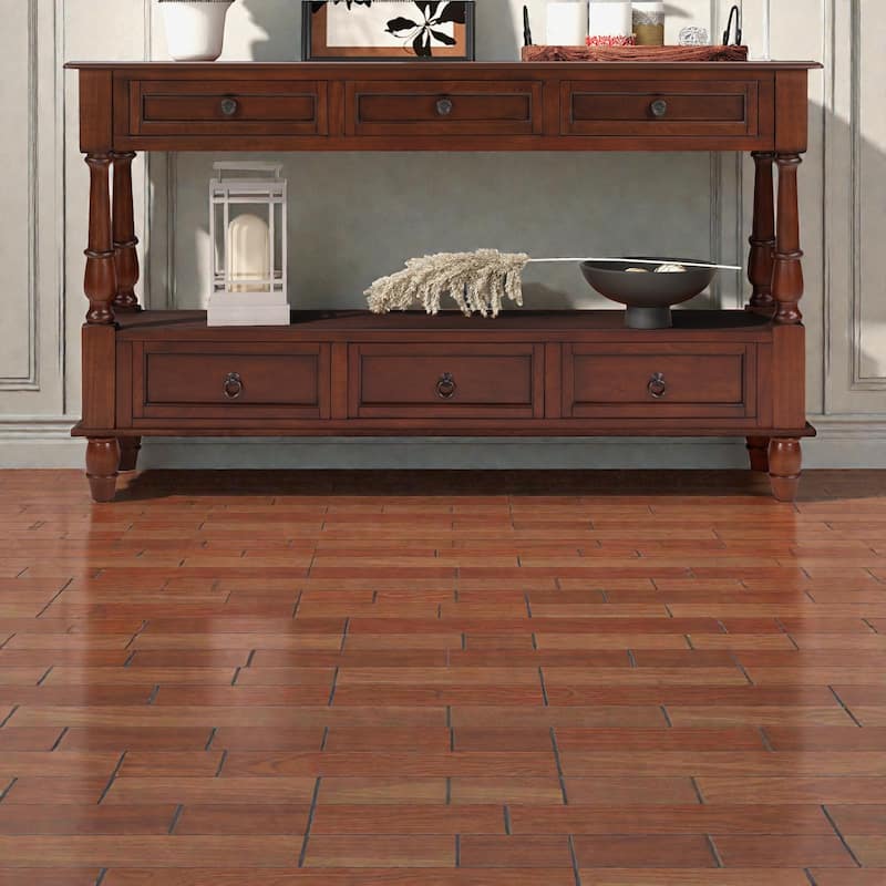 Solid Wood Console Table with 6 Drawers and Shelf, 54 Inch Vintage Entryway Sofa Table