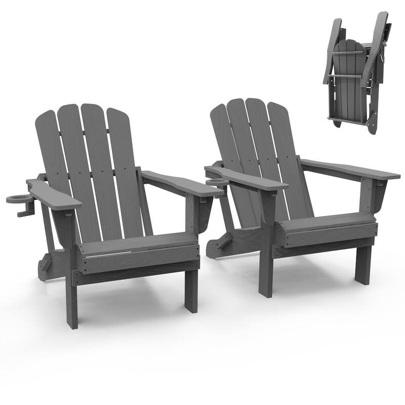 Domi Folding Adirondack Chair,Wooden Textured with Cup Holder,HDPE - 2 Folding Chairs - Grey