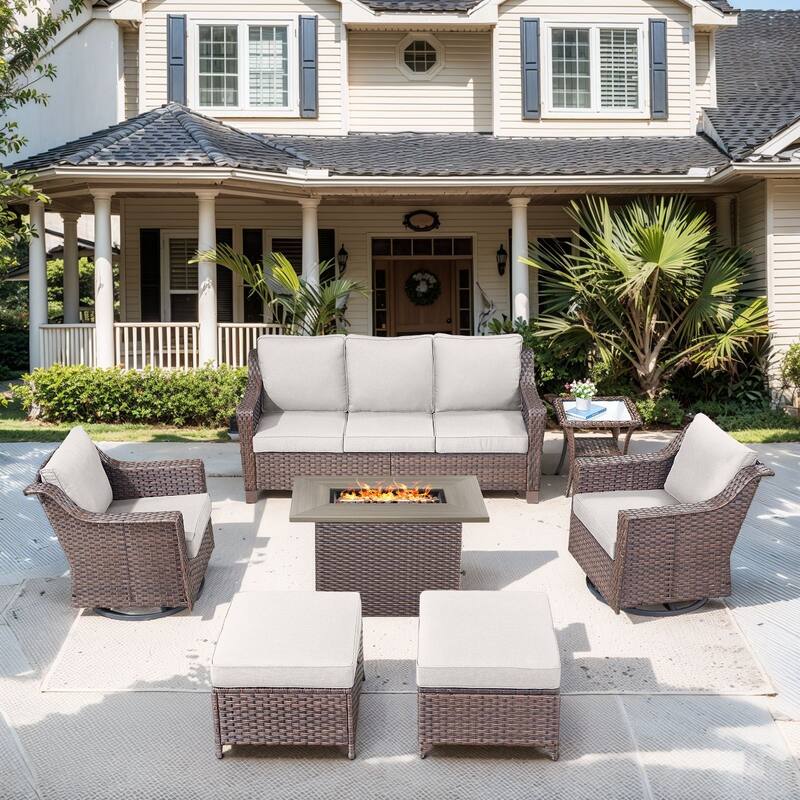 Outdoor Fire Table with Patio Funiture Set - Brwon Wicker Beige Cushion - 6PCS Sofa Chair Ottoman with Fire Table