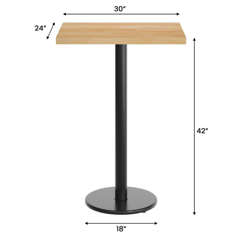 Rectangular Solid Wood Commercial Tabletop with 18" Round Bar Height Base - 24"W x 30"D x 42"H