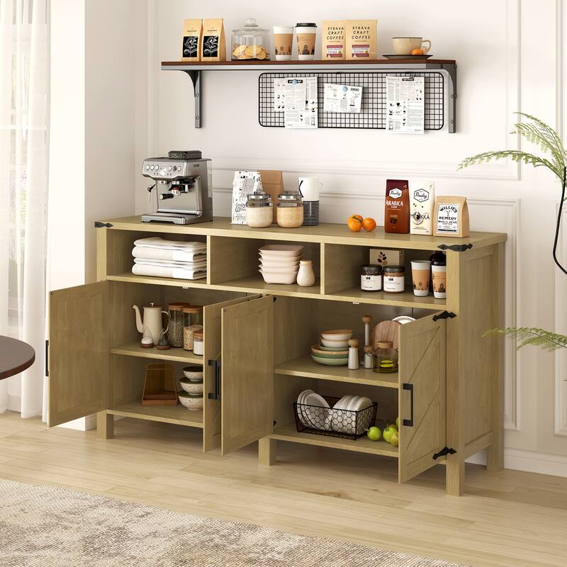 59" Modern 4-Door Sideboard Buffet with Power Outlets & USB Ports, Adjustable Shelves and Half-Open Storage Cabinet