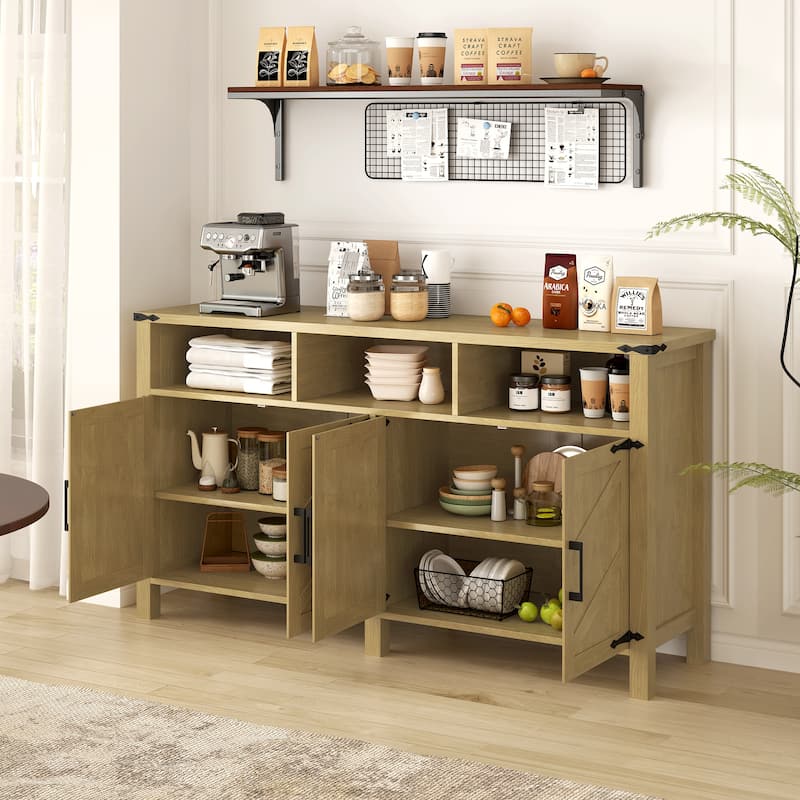 59" Modern 4 Doors Sideboard Buffet with Power Outlets and Adjustable Shelves - Tan