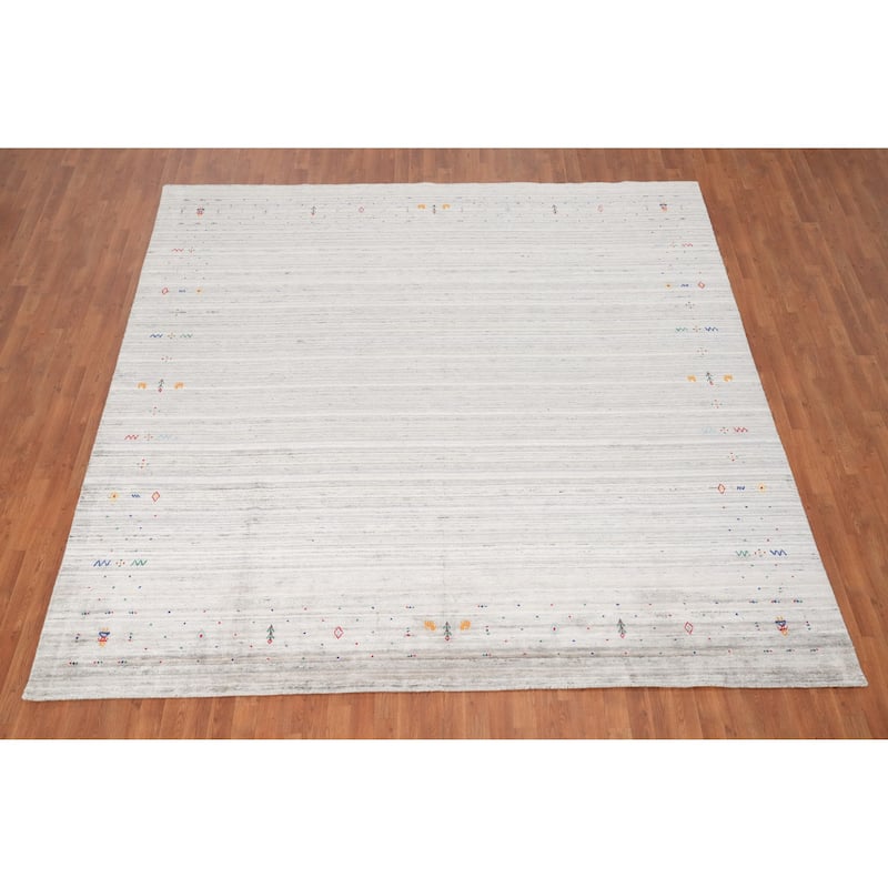 Hand Knotted Oriental Viscose Silk Carpet Tribal Animal Pictorial Greys & Charcoal Gabbeh Area Rug - 9' 10'' X 10' 0''