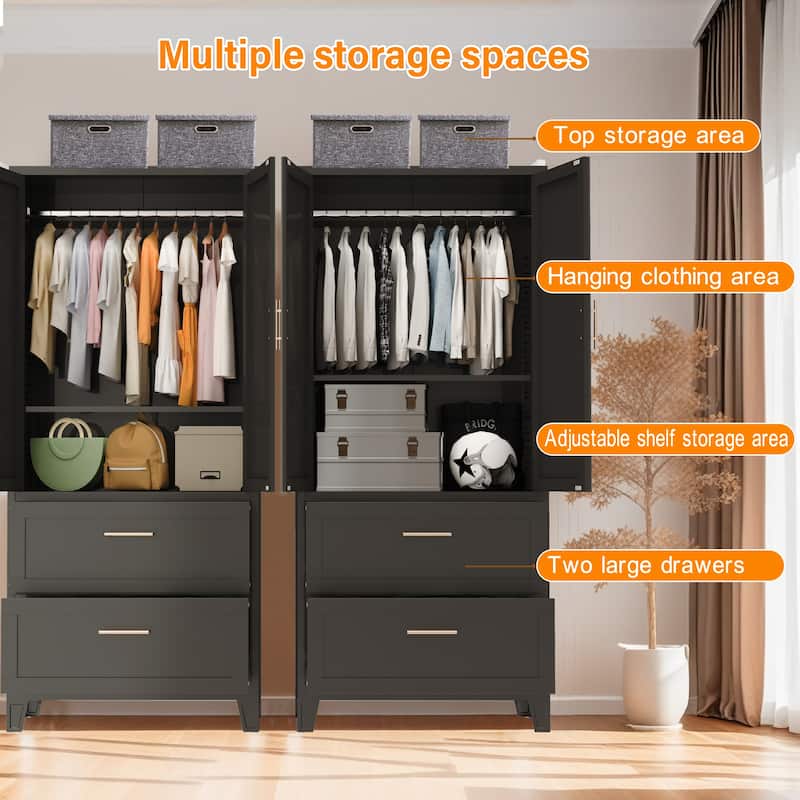 Black Clothing Storage Cabinet with 2 Drawers and Hanging Rod, 2 Doors Wardrobe Armoire Closet with Shelf