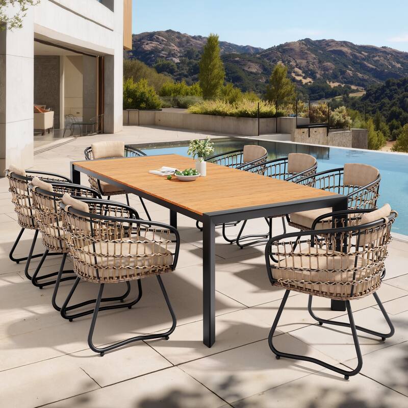 Set of 9 Outdoor Patio Dining Set WoodLike Table Top Aluminum Rectangular Umbrella Hole Table with PE Rattan Chairs - BrownTable&BeigeChairs