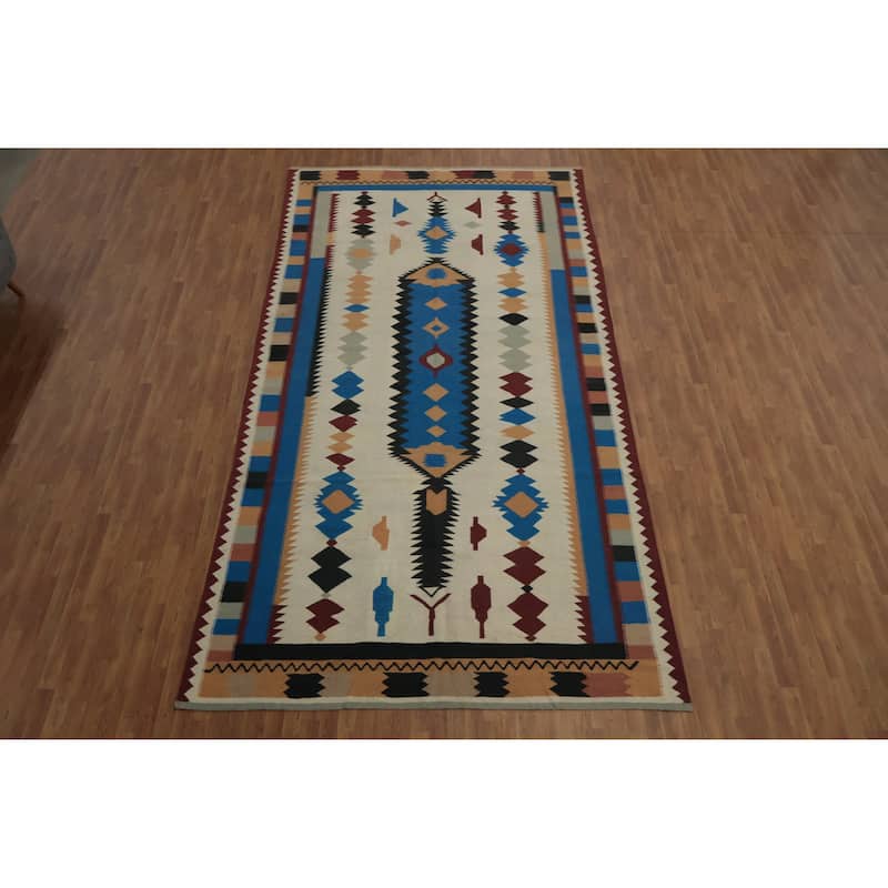Hand Woven Oriental 100% Wool Carpet Southwestern Tribal Beige & Ivories Kilim Area Rug - 15' 2'' X 7' 11''
