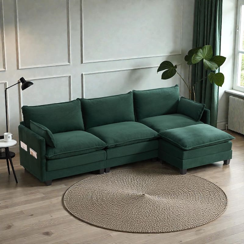 Oversized Modular Sectional Sofa with Ottoman, 102 Inch 4 Seat Corduroy L Shaped Couch for Living Room - Emerald