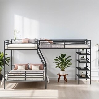 L-Shaped Metal Twin over Full Bunk Bed with 4 Built-in Shelves, Black